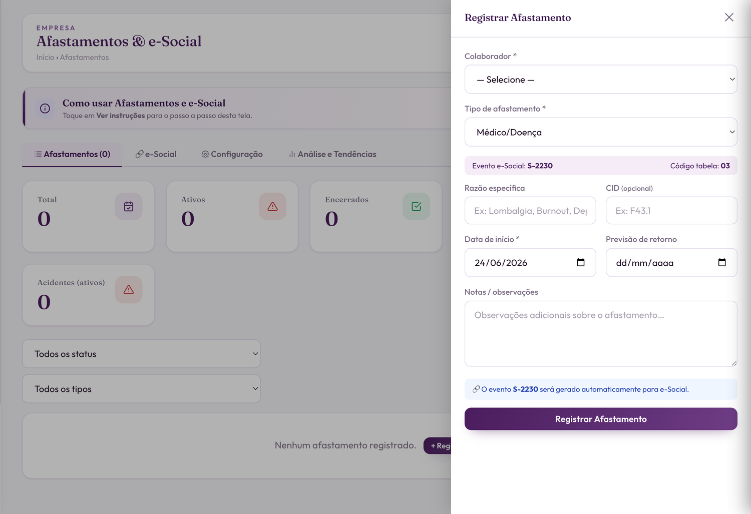 Registro de afastamento com geração automática do evento e-Social S-2230