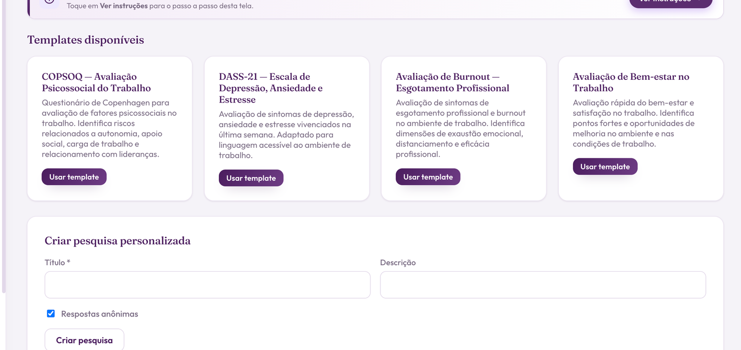 Tela de pesquisas com modelos COPSOQ, DASS-21, Burnout e Bem-estar